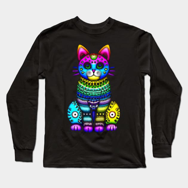 Colorful ethno style cat art Long Sleeve T-Shirt by Ravenglow